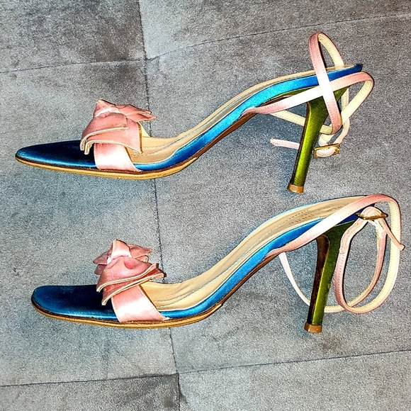 KATE SPADE NEW YORK COLOR BLOCK PINK BOW ANKLE CALF STRAPS SANDALS SIZE 7M EUC - Picture 7 of 10